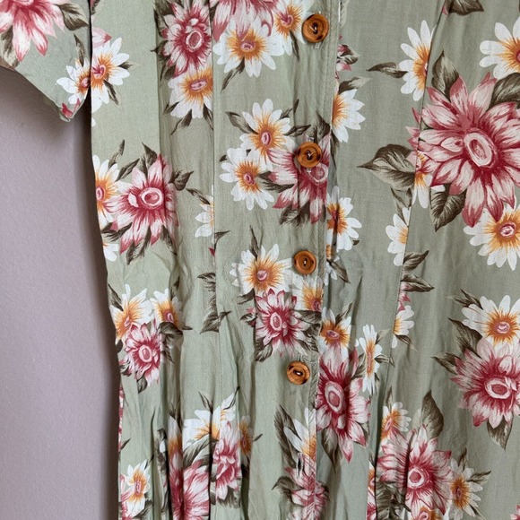 Vintage New Looks Floral Midi Dress Fairy Button Down 80s 90s Short Sleeve Green - Picture 3 of 10